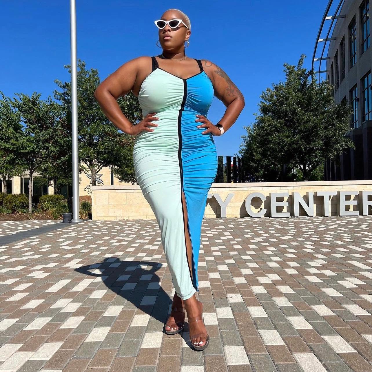 Kai Michelle in a blue colorblock dress at City Center, Dallas